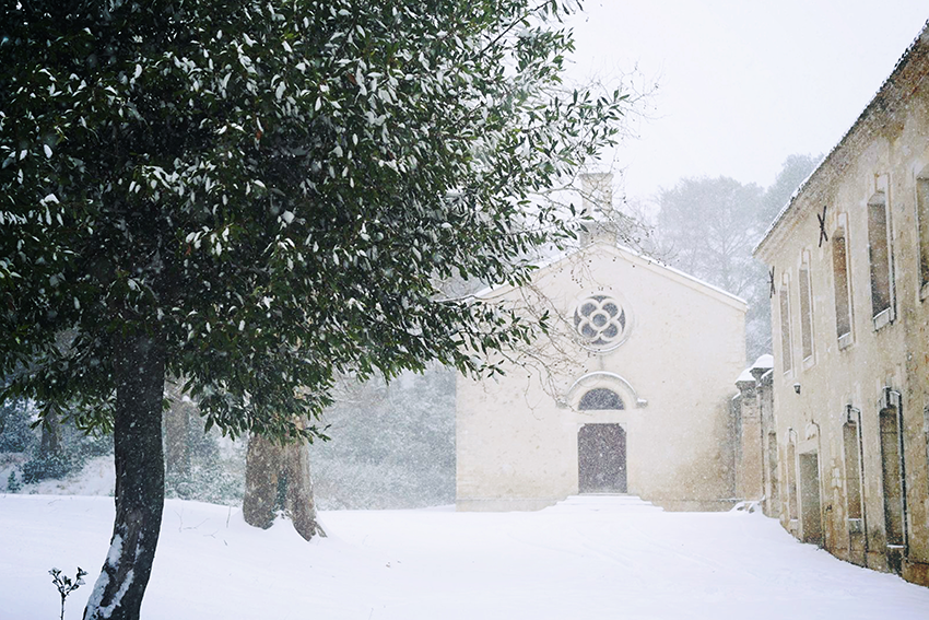 Auch der Süden Frankreichs hat sich in ein Winterwunderland verwandelt - im Bild: Der Barrique Keller der Domaine Montlobre bei Montpellier, der früher als Kapelle dem Gebet und nicht dem Wein vorbehalten war.