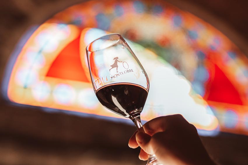 Eine Hand mit einem Glas Rotwein im Fasskeller der Domaine Montlobre, der früher eine Kapelle war.